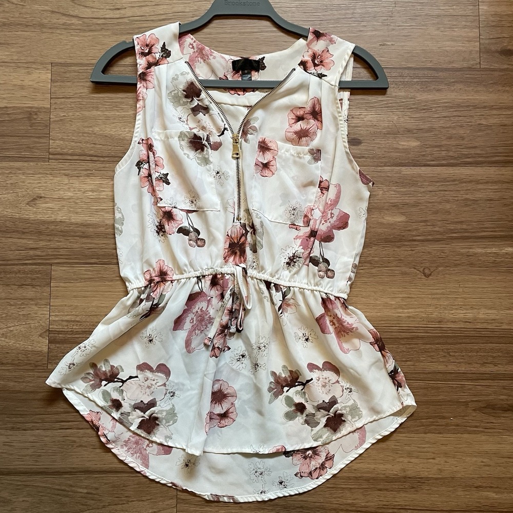 J for Justify Women's Polyester Shirt Sleeve Floral Top Sz M Zipper Gathered